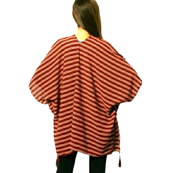 KIMONO Tunic Top, Burgundy-Wine, Stripe w/ Tassels O/S M - XL - Picture 3 of 6